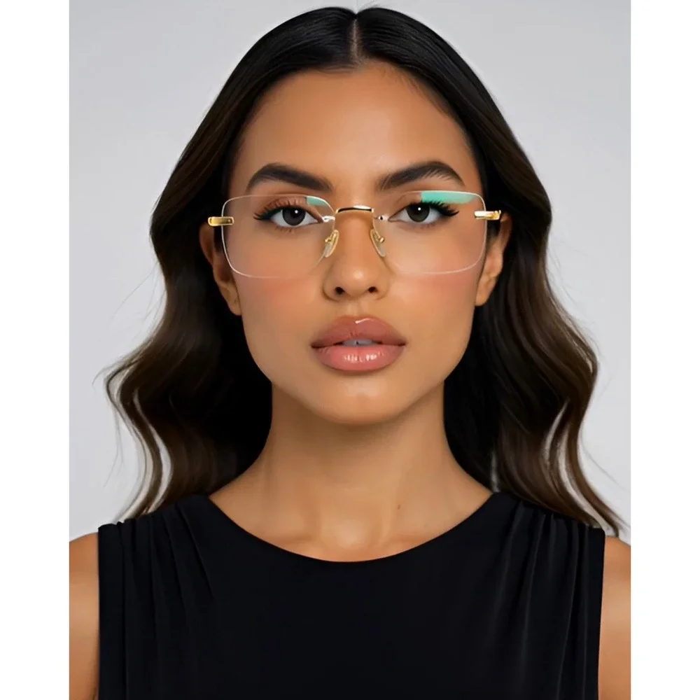 Gold Rimless Rectangle Clear Lens Glasses Women Retro Fashion Eyewear New Lentes